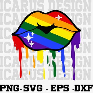 May include: Rainbow-colored lips with dripping paint, featuring white glitter stars. The lips are outlined in black and the dripping paint is in the colors of the rainbow.