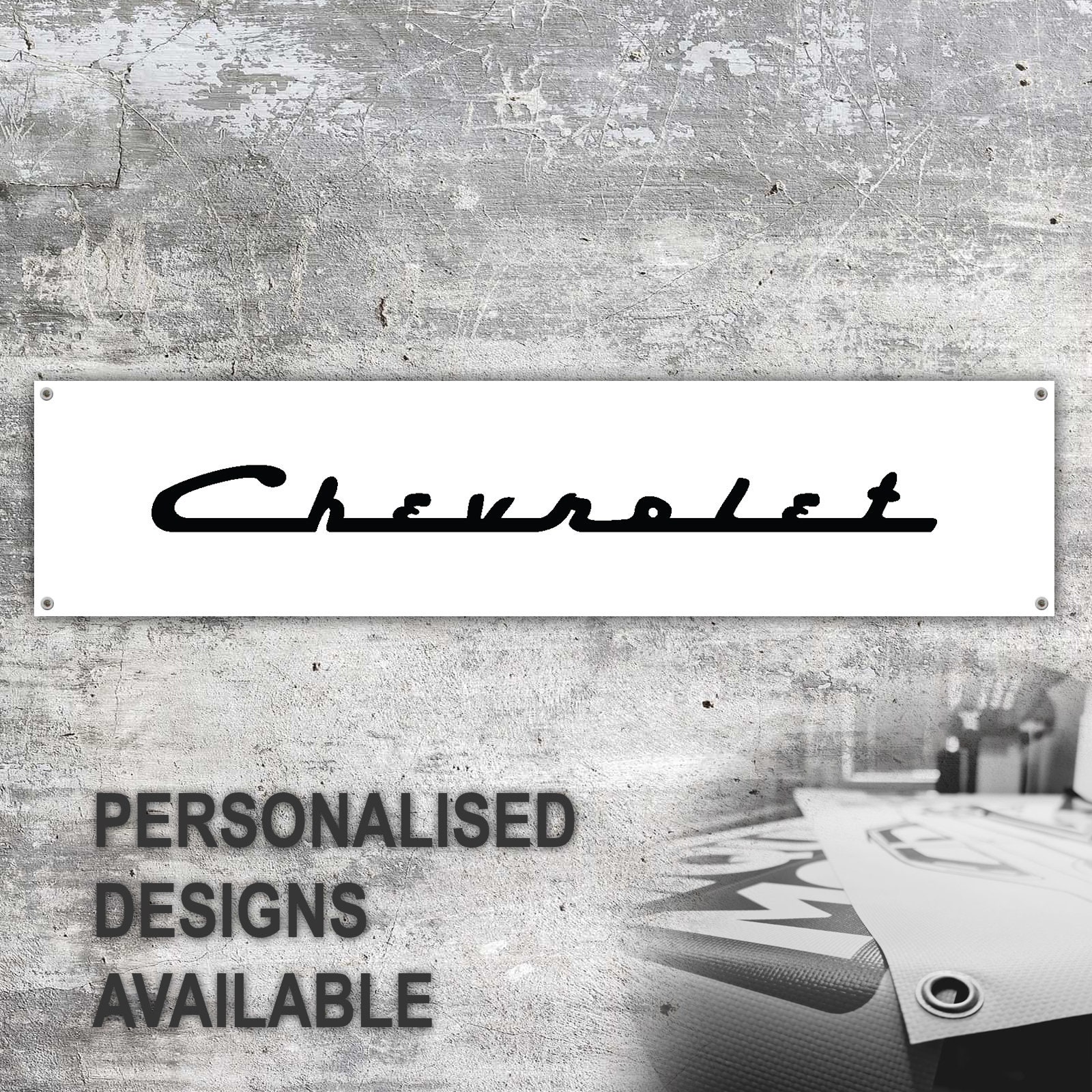 Chevrolet classic Vinyl Banner Workspace Sign Decoration Garage Car Bike Motorbike Motorsport White