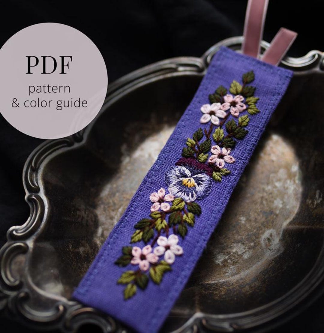 Embroidered Bookmark PDF Pattern: Purple With Pansy Flower (digital ...