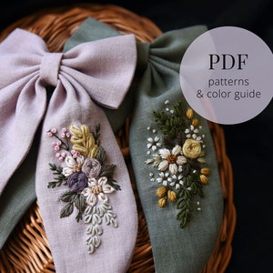 Patrones de bordado imprimibles en PDF - Lazo de cola larga - Guía de colores - Elementos florales - Lavanda polvorienta - Salvia - Descarga digital