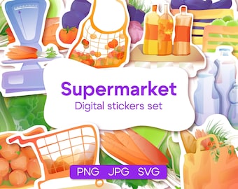 12 Supermarket Digital Stickers, PNG, SVG, JPG + extra stickers