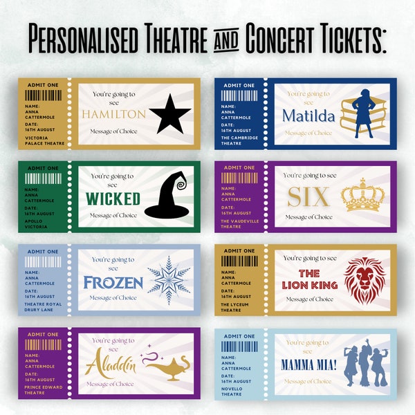 Custom / Personalised Theatre Ticket, Event Ticket, Comedy Ticket, Concert ticket, Musical ticket, Gift ticket, Surprise Gift Voucher