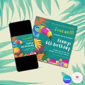 Toucan Birthday Party Invitation, EDITABLE, Tropical Birthday Invitation, Summer Birthday, Tropical Bird Invite, INSTANT DOWNLOAD