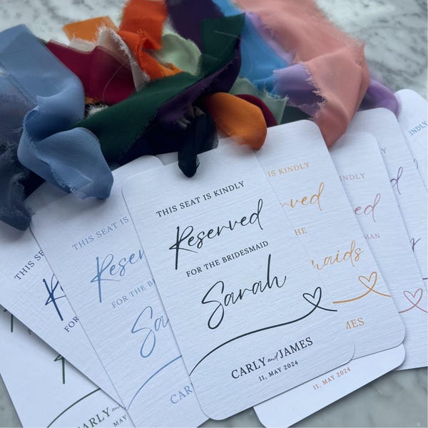 Simple Reserved Seat Tag for Wedding with colour ribbon, wedding name tag, minimalist wedding reserved seating tags, seat reservation sign