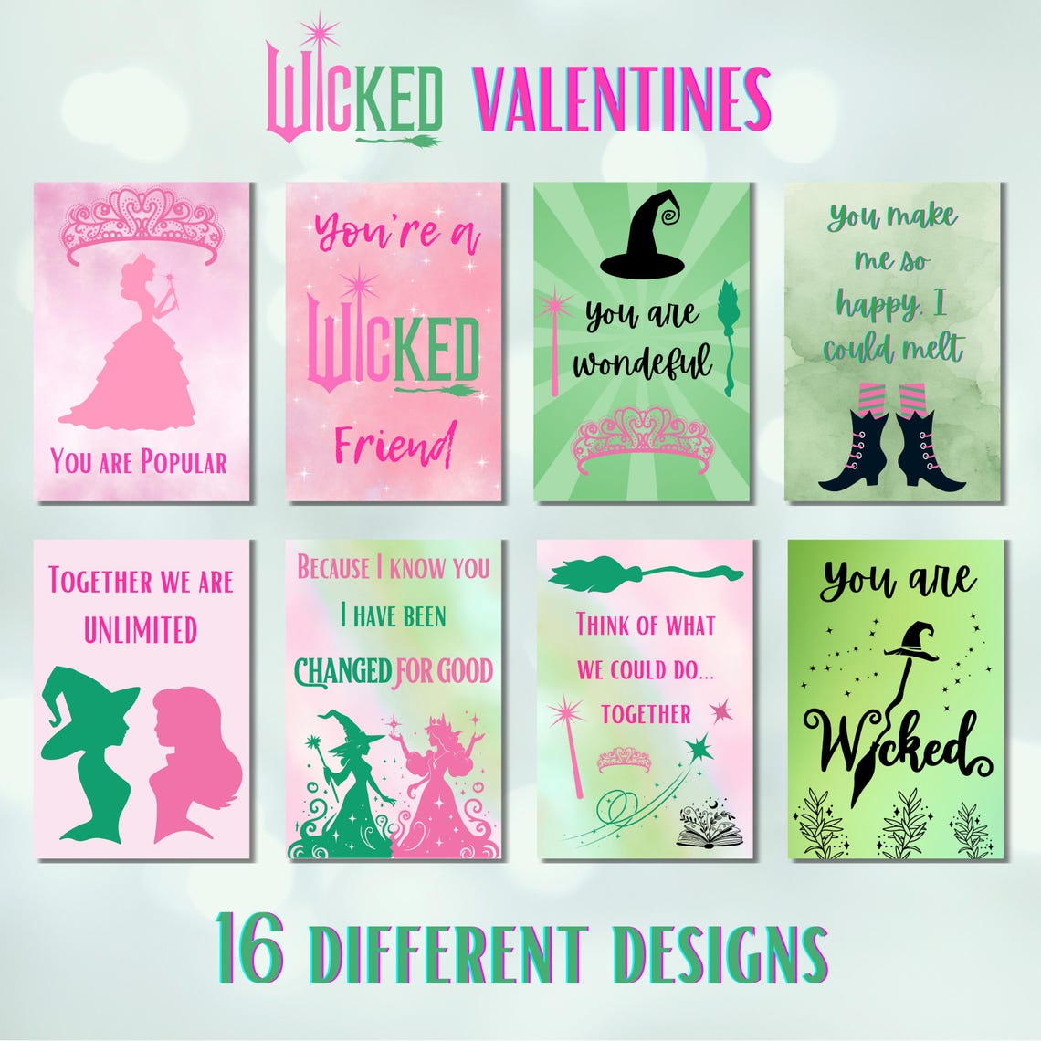Wicked Valentines Cards, Glinda & Elphaba, Printable Treat Tags (PDF ...