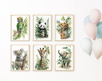 6 Printable Baby Animals, Kids Bedroom Print Art Aquarelle, Wall Watercolor Animal Prints, Safari Jungle Nursery Decor - Digital Download