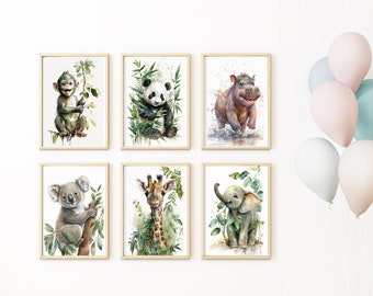 6 Printable Baby Animals, Kids Bedroom Print Art Aquarelle, Wall Watercolor Animal Prints, Safari Jungle Nursery Decor - Digital Download