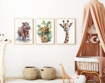 3 Printable Baby Animals, Kids Bedroom Print Art Aquarelle, Wall Watercolor Animal Prints, Safari Jungle Nursery Decor - Digital Download