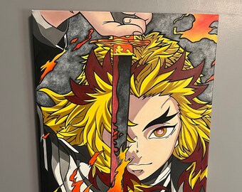 Hand Painted Demon Slayer Kyojuro Rengoku Manga Anime Art Etsy