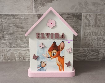 Handmade kids money box, little house with name, personalized birthday gift, kids gifts, nursery decorations, baby gifts with name, deer