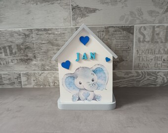 Handmade kids money box, house with name, personalized birthday gift, kids gifts, nursery decorations, baby gifts with name, elephant