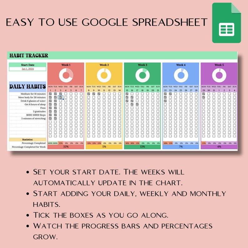 Habit Tracker Google Sheet, Printable Journal, Google Checklist ...