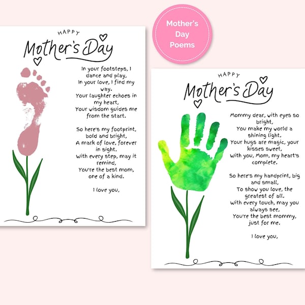 Flower Handprint Art, Mothers Day Handprint Footprint Craft for Babies Toddlers Kids, Keepsake Mothers Day Printable Poem, Present for Mom