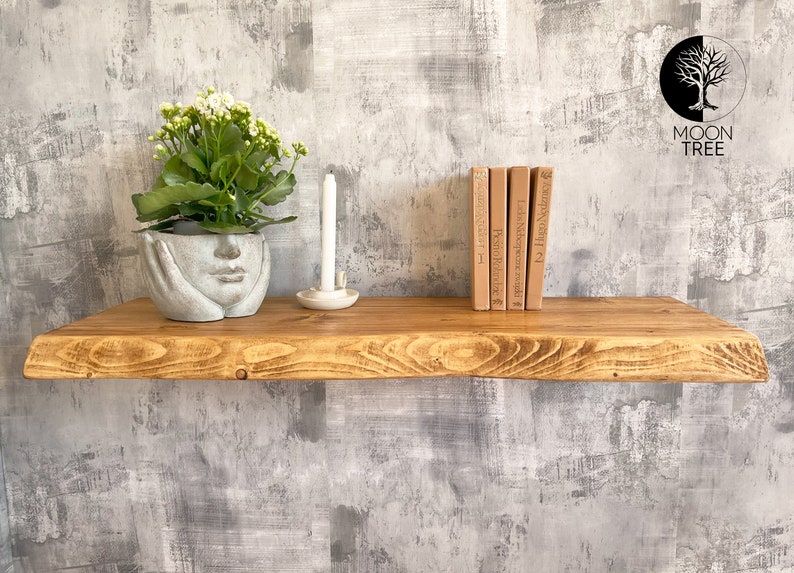 Live Edge Rustic Floating Shelf 30x4.4cm - Farmhouse Wooden Shelf, Timber Storage, Industrial Loft Style, Brackets & Delivery Included image 2