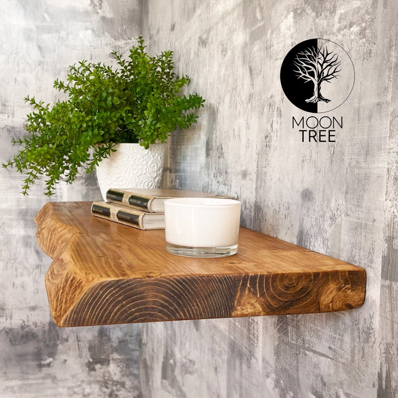 Live Edge Rustic Floating Shelf 30x4.4cm - Farmhouse Wooden Shelf, Timber Storage, Industrial Loft Style, Brackets & Delivery Included image 1