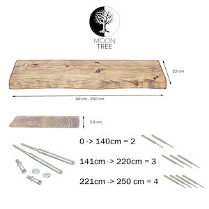 以下が含まれることがあります： 自然な木製の仕上げのウッドシェルフ。シェルフの幅は22cm、長さは40cmから250cm。シェルフは2つの金属製のブラケットで支えられています。ブラケットはネジで壁に取り付けられています。シェルフには「0 -> 140cm = 2」、「141cm -> 220cm = 3」、「221cm -> 250 cm = 4」というテキストがラベル付けされています。