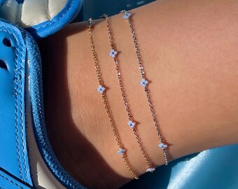 Blue Zirconia Flower Anklet, Cute Flower Anklet, Gold Plated Flower Anklet, Minimalist Flower Anklet, Flower Jewellery, Summer Jewelry