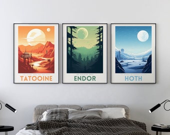 Star Wars Poster Special Offer - 3 Star Wars Planets Prints Tatooine, Endor, and Hoth - Star Wars Retro Travel Poster