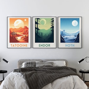Offerta speciale Poster di Star Wars - 3 Stampa dei pianeti di Star Wars Tatooine, Endor e Hoth - Poster di viaggio retrò di Star Wars