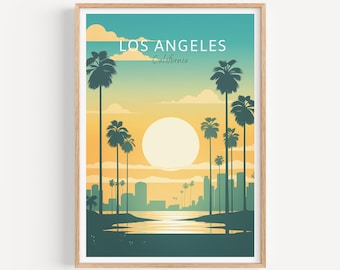 May include: A framed art print featuring a stylized Los Angeles sunset scene. The artwork showcases palm trees, a cityscape silhouette, and the text "LOS ANGELES California" against a gradient sky of teal, yellow, and orange.