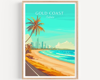May include: A colorful illustration of the Gold Coast, Australia, featuring a beach, ocean, palm trees, and a cityscape in the distance. The text "GOLD COAST" and "Australia" is displayed at the top of the image.