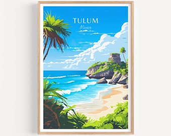 Pode incluir: Uma ilustração colorida de Tulum, México, com uma praia, o oceano e uma ruína Maia em um penhasco. O texto "Tulum, México" está no topo da imagem.