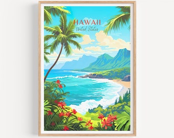 Affiche de voyage à Hawaï - Art mural américain pour la décoration intérieure, le cadeau parfait et un souvenir de voyage durable | Impression d&#39;art Imprimer