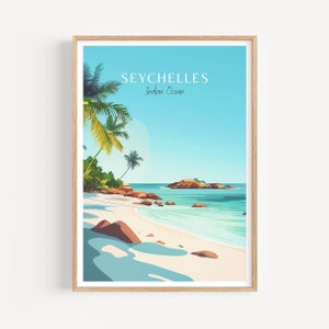 Affiche de voyage aux Seychelles - art mural de plage, le cadeau parfait et un souvenir de voyage durable | Impression d'art Imprimer