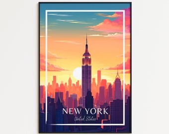 May include: A colorful illustration of the New York City skyline at sunset, featuring the Empire State Building in the center. The text "NEW YORK" and "United States" is displayed below the skyline.
