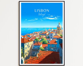 May include: A colorful illustration of Lisbon, Portugal, with a view of the city from a rooftop. The city is filled with red-tiled roofs, and the ocean is visible in the background. The text "LISBON" and "Portugal" is written in white at the top of the image.