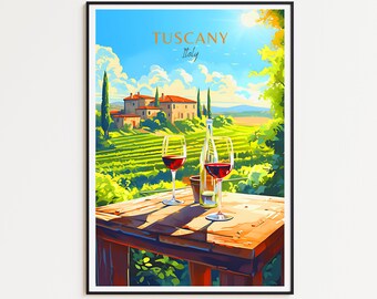 May include: Framed art print depicting a Tuscan scene with a sunny sky, vineyards, and a villa. Two glasses of red wine and a bottle are on a wooden table. The text "TUSCANY Italy" is at the top.
