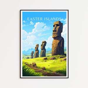 Poster di viaggio dell'Isola di Pasqua, poster della statua di Moai, poster vintage del Cile, poster di viaggio dell'Isola di Pasqua, poster retrò, regalo di viaggio dell'Isola di Pasqua, arte murale