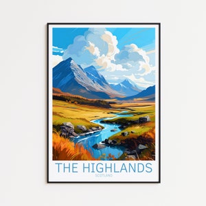 Póster de viaje de las Tierras Altas, póster de Escocia, póster vintage de las Tierras Altas, póster de viaje, póster retro de las Tierras Altas, regalo de viaje, arte mural.