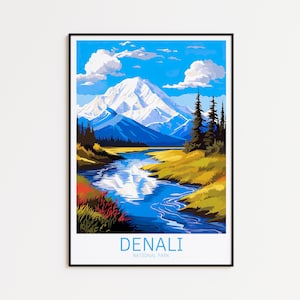 Póster de viaje de Denali, póster de Alaska, póster de viaje al Parque Nacional Denali, impresión de la montaña Denali, regalo de viaje al Parque Nacional de EE. UU., impresión artística de pared