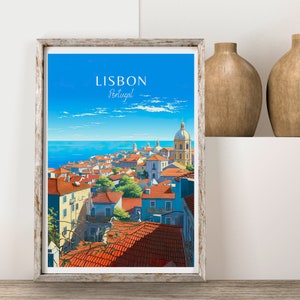 May include: A vintage travel poster featuring a colorful illustration of Lisbon, Portugal. The poster shows a cityscape with red-tiled rooftops, a blue sky, and a body of water in the background. The text "LISBON Portugal" is printed in white at the top of the poster.