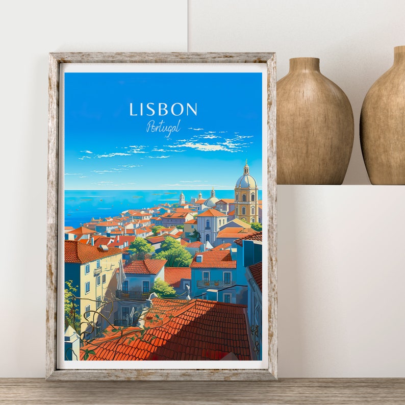 May include: A vintage travel poster featuring a colorful illustration of Lisbon, Portugal. The poster shows a cityscape with red-tiled rooftops, a blue sky, and a body of water in the background. The text "LISBON Portugal" is printed in white at the top of the poster.