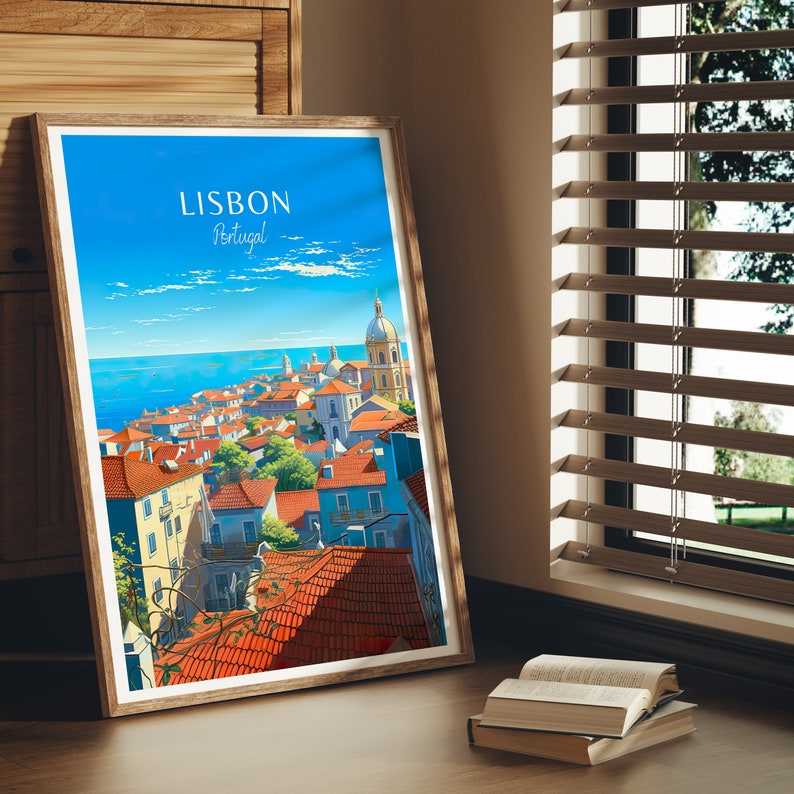 May include: A vintage travel poster featuring a colorful illustration of Lisbon, Portugal. The poster shows a cityscape with red-tiled rooftops, a church with a dome, and a view of the ocean in the background. The text "LISBON" and "Portugal" is written in a retro font.