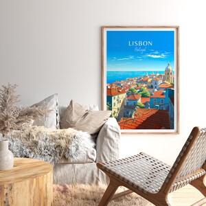 May include: A vintage travel poster featuring a colorful illustration of Lisbon, Portugal. The poster shows a cityscape with red-tiled rooftops, a blue sky, and a body of water in the distance. The text "LISBON Portugal" is printed in white at the top of the poster.