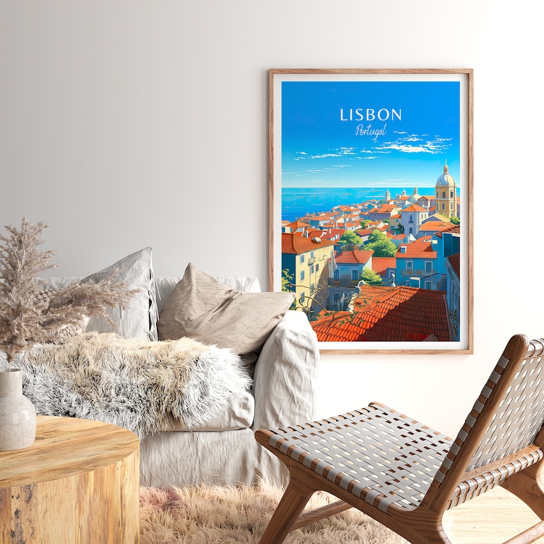 May include: A vintage travel poster featuring a colorful illustration of Lisbon, Portugal. The poster shows a cityscape with red-tiled rooftops, a blue sky, and a body of water in the distance. The text "LISBON Portugal" is printed in white at the top of the poster.