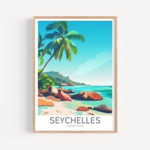 Póster de viaje de Seychelles: arte mural de playa, el regalo perfecto y un recuerdo de viaje duradero | Impresión de arte Impresión