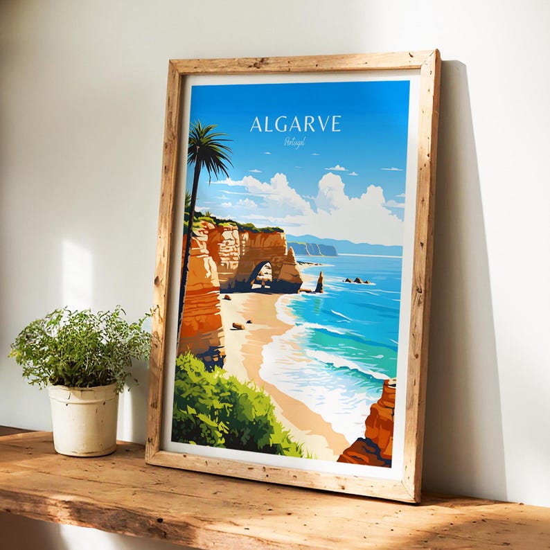 Beautiful algarve poster, decorative algarve print and elegant portugal wall art decor – the perfect travel gift for him and her