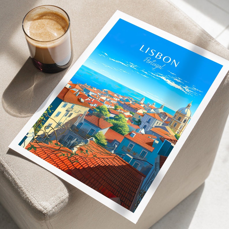 May include: A colorful illustration of Lisbon, Portugal, with the city's skyline and the text "LISBON Portugal" in white lettering. The illustration features a view of the city from above, showing the red-tiled roofs of the buildings, the blue water of the Tagus River, and the green trees and hills surrounding the city.