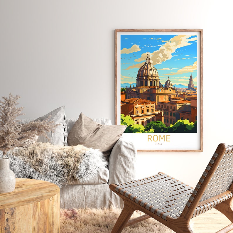 May include: A vintage travel poster featuring a colourful illustration of the skyline of Rome, Italy. The poster features the iconic dome of St. Peter's Basilica and other buildings. The text "ROME ITALY" is printed at the bottom of the poster.