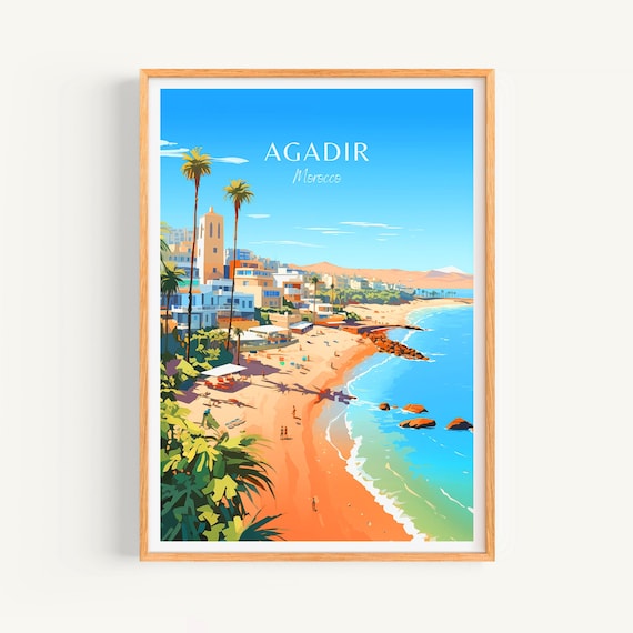 Poster Déco Agadir Maroc – Style Minimaliste, Toile 30x45 Cm, Couleurs Vives, Pour Salon, Bureau, Cadeau