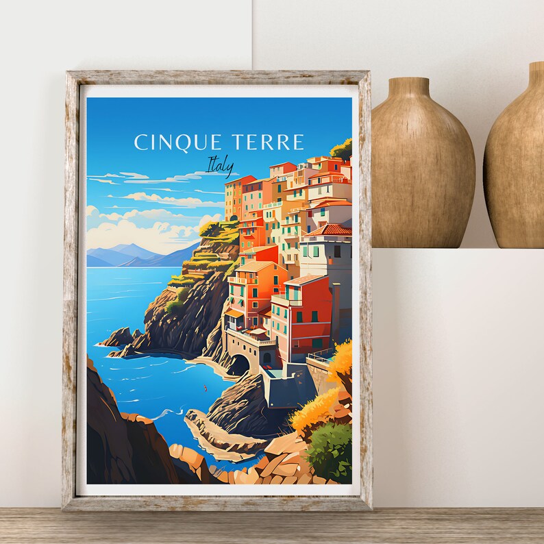 May include: A colorful illustration of the Cinque Terre region of Italy, featuring a hillside village with colorful buildings, a blue ocean, and green cliffs. The text "Cinque Terre Italy" is written in black at the top of the image.
