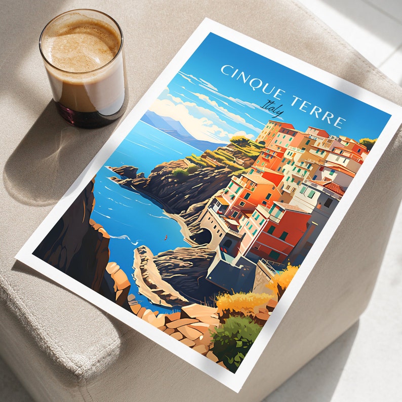 May include: A colorful illustration of the Cinque Terre region of Italy, featuring a picturesque coastal town with colorful buildings perched on steep cliffs overlooking the turquoise sea. The text "Cinque Terre Italy" is displayed in a bold font.