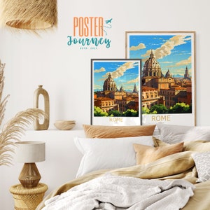 May include: Two vintage travel posters featuring a cityscape of Rome, Italy. The posters are framed and hanging on a white wall. The text on the posters reads "ROME, ITALY".