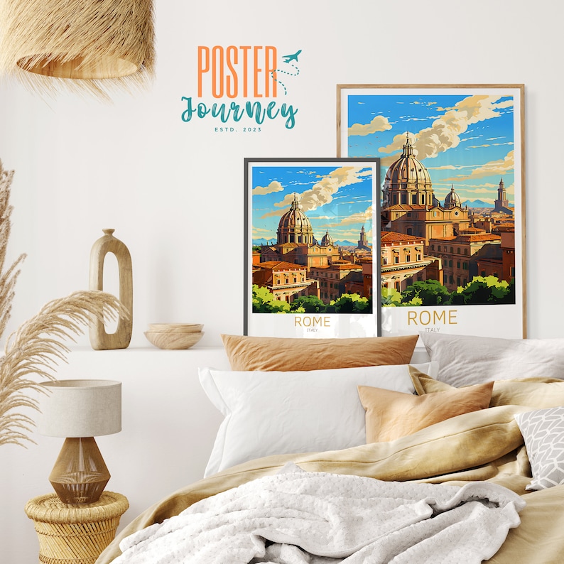 May include: Two vintage travel posters featuring a cityscape of Rome, Italy. The posters are framed and hanging on a white wall. The text on the posters reads "ROME, ITALY".