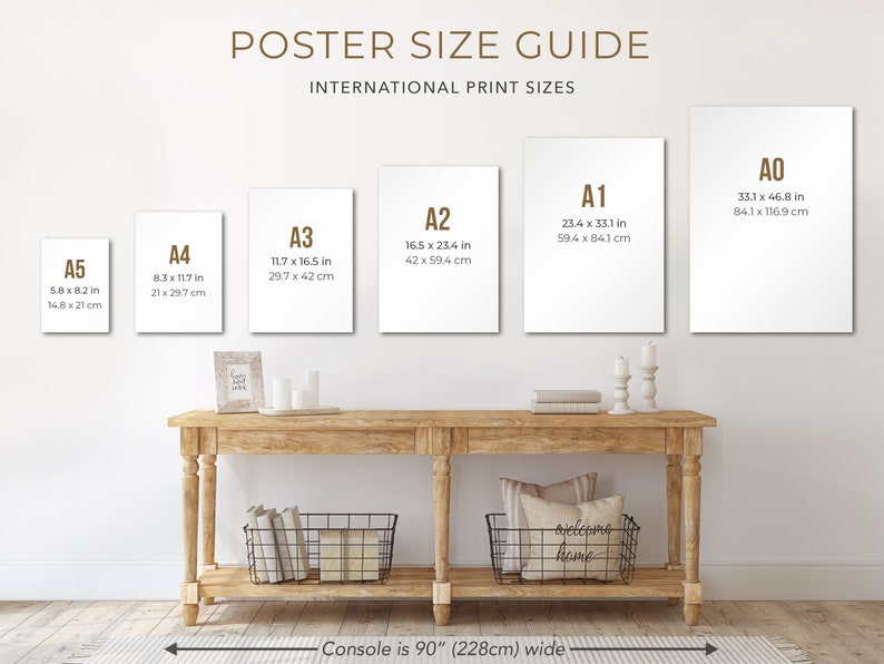 May include: A poster size guide with different sizes of paper, including A0, A1, A2, A3, A4, and A5. The sizes are listed in inches and centimeters. The poster is hanging on a white wall above a wooden console table.