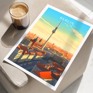 May include: A colorful illustration of the Berlin skyline with the iconic TV Tower in the foreground. The illustration is in a retro style with a bright blue sky and orange buildings.
